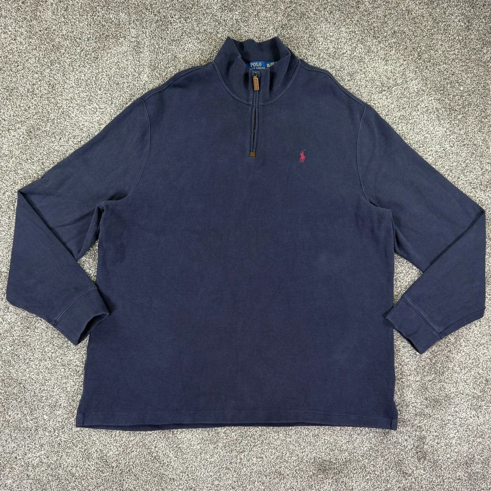 Polo Ralph Lauren Men XXL Navy Blue Quarter Zip Pullover Cotton Sweater Pony Log